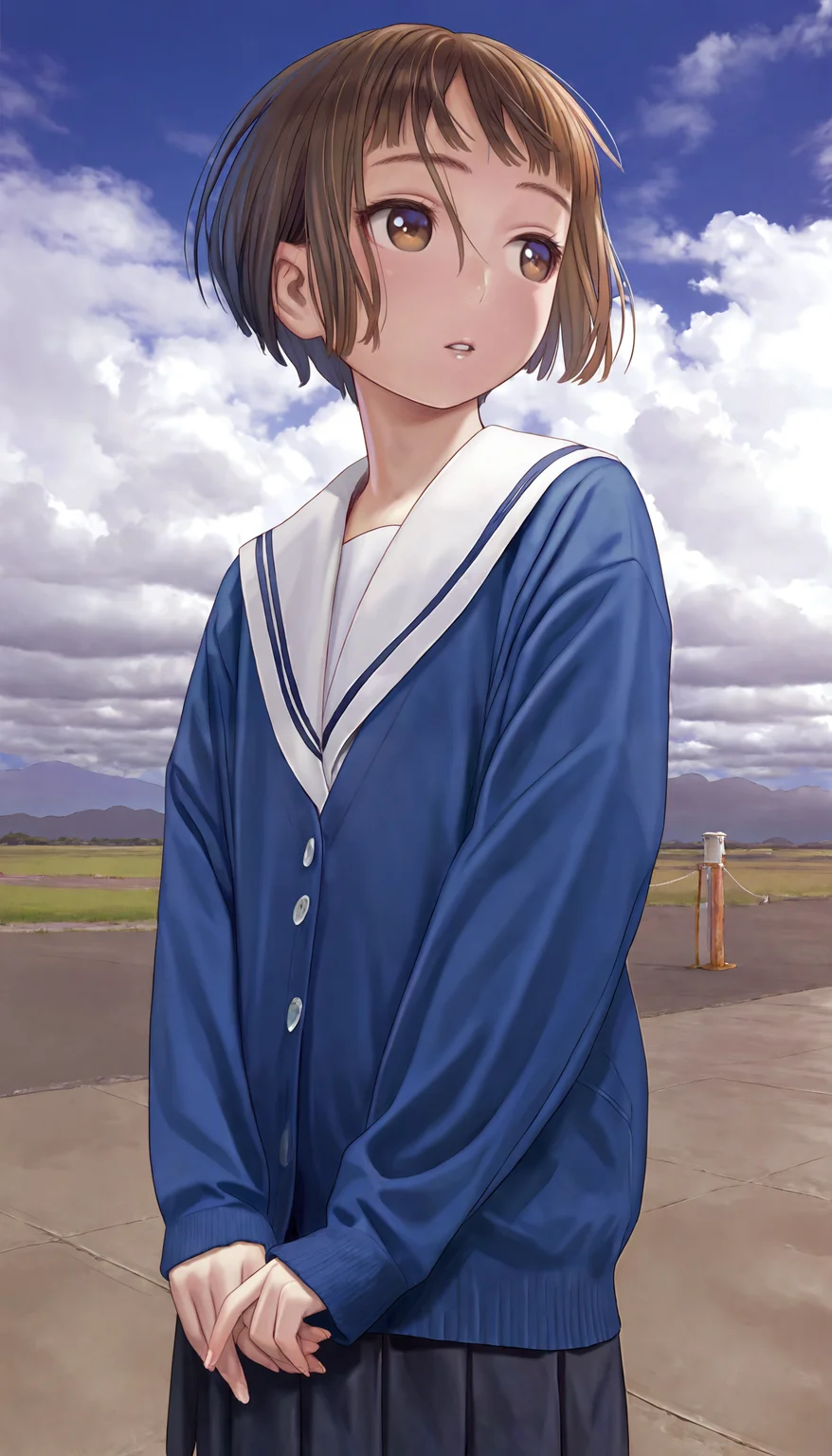 ((ultra-detailed)), ((best quality)), ((beautiful eyes)), ((extremely detailed)), 4K, (8K), best quality, (beautiful), Master piece, highres, best quality, official art, highres, masterpiece, newest,1girl, solo, brown hair, outdoors, short hair, brown eyes, school uniform, sky, cloud, skirt, looking to the side, white sailor collar, serafuku, day, sailor collar, blue sky, cardigan, looking away, long sleeves, pleated skirt, parted lips, bob cut, cloudy sky, own hands together, bangs, black skirt