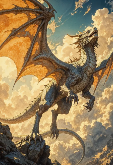 In a realm of high fantasy, a majestic dragon soars through a crystalline sky, its shimmering scales reflecting the golden sunlight. The dragon's powerful wings are stretched wide, catching the wind as it glides effortlessly through the clouds. This breathtaking image, depicted in a detailed digital painting, showcases the intricate details of the creature's scales and the vibrant colors of its iridescent wings. The viewer is drawn into the scene, captivated by the sheer beauty and grandeur of the magnificent beast.
