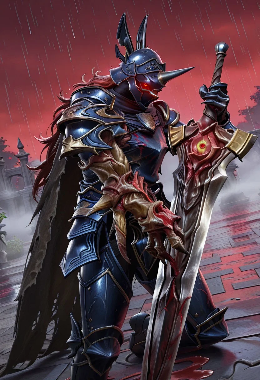 Masterpiece, realistic, hires, detailed face and eyes, ultra quality, Beautiful background, garden, sharp quality, 1boy, NightmareSC, solo, clawed arm, mutated arm, malfested arm, red hair, long hair, {{very glowing eyes}}, holding, holding greatsword, armor, cape, helmet, rain, blood on armor, gesture hand, gesture no, glowing, Dutch angle, bust body, corpses around, red sky, fog, dynamic pose,