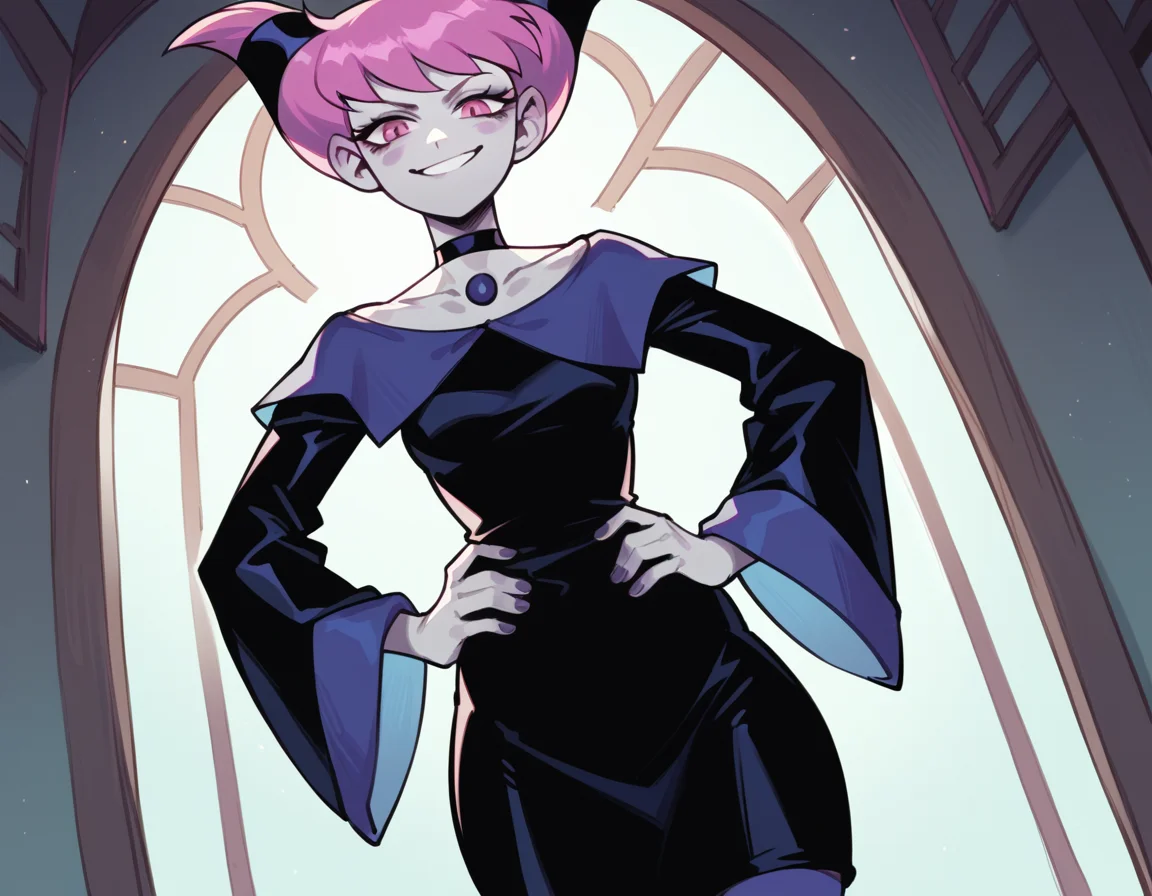 score_9, score_8_up, score_7_up, source_anime, <lora:jinx-dc-ponyxl-lora-nochekaiser_r1:1>, jinx, jinx (dc), colored skin, grey skin, hair horns, pink eyes, pink hair,, choker, long sleeves, pantyhose, striped clothes, striped pantyhose, black dress, wide sleeves, collarbone,, indoors, smug, smile, looking at viewer, solo, hands on hips,, cowboy shot, dutch angle