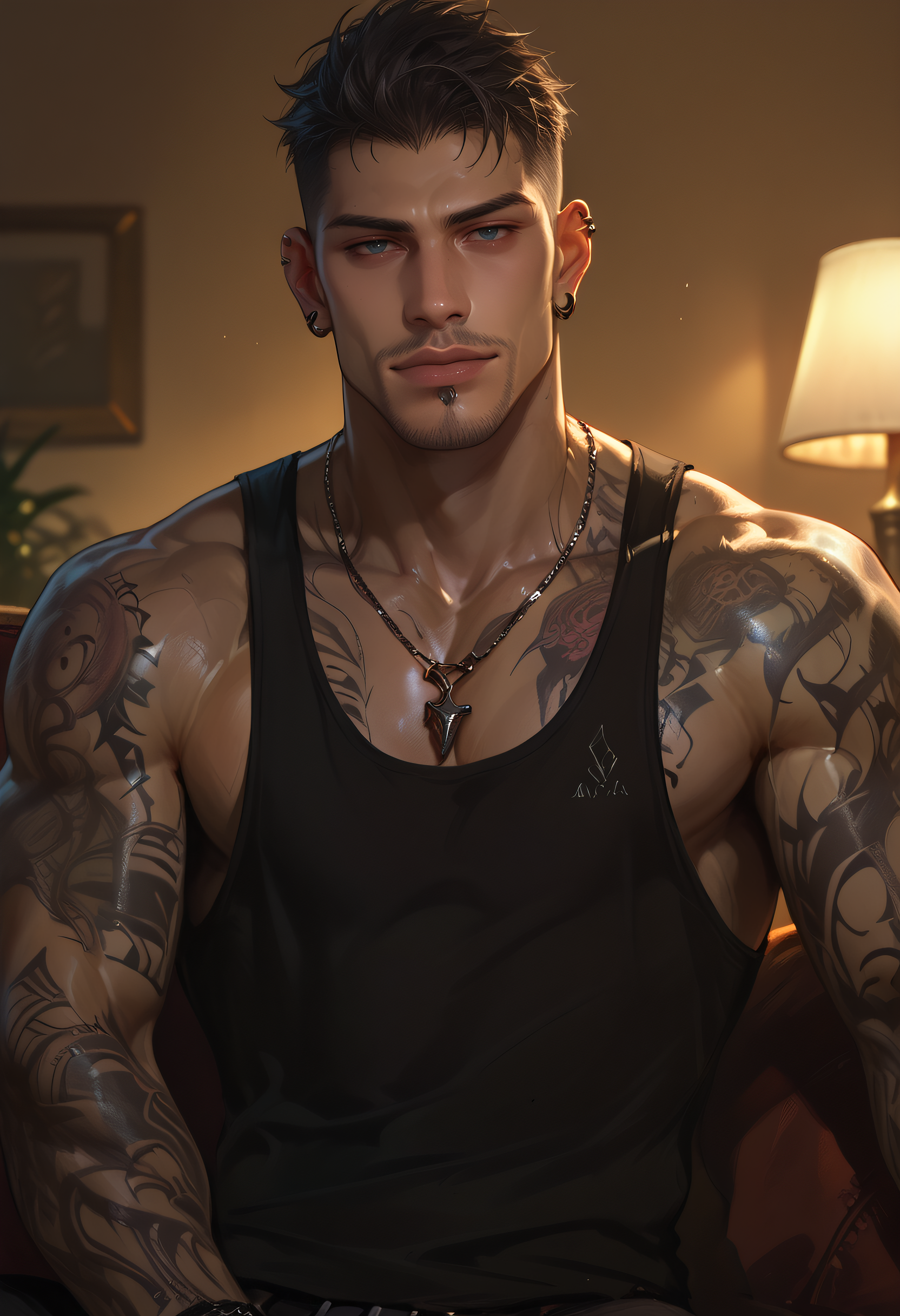 score_9, score_8_up, score_7_up, score_6_up, muses_in_dark, 1boy, male focus, tattoo, jewelry, ring, tank top, pectorals, solo, arm tattoo, black tank top, necklace, piercing, muscular, muscular male, bara, black hair, dark theme, low light, inconsistent lighting, realistic, best quality, high resolution, realistic.