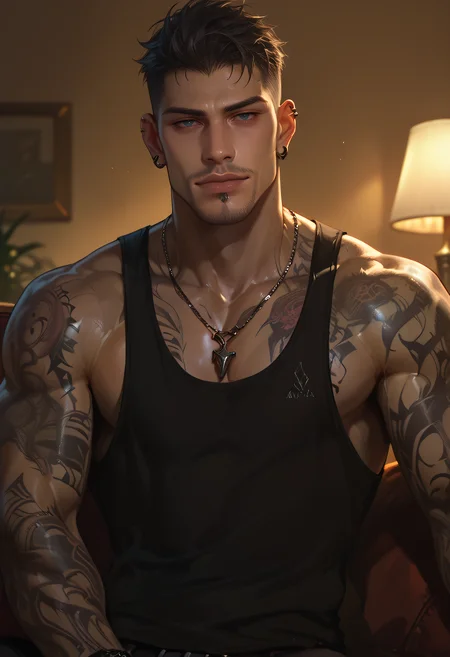 score_9, score_8_up, score_7_up, score_6_up, muses_in_dark, 1boy, male focus, tattoo, jewelry, ring, tank top, pectorals, solo, arm tattoo, black tank top, necklace, piercing, muscular, muscular male, bara, black hair, dark theme, low light, inconsistent lighting, realistic, best quality, high resolution, realistic.