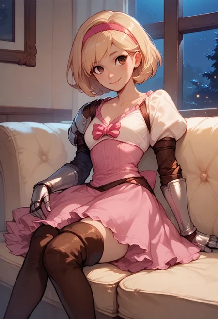 score_9, score_8_up, score_7_up, score_6_up, score_5_up, score_4_up, source_anime, 1girl, solo, djeetadef, pink hairband, dress, puffy sleeves, gauntlets, brown thighhighs, thigh boots, sitting on couch, looking at viewer, smile, cowboy_shot, indoors, night, dark, side light