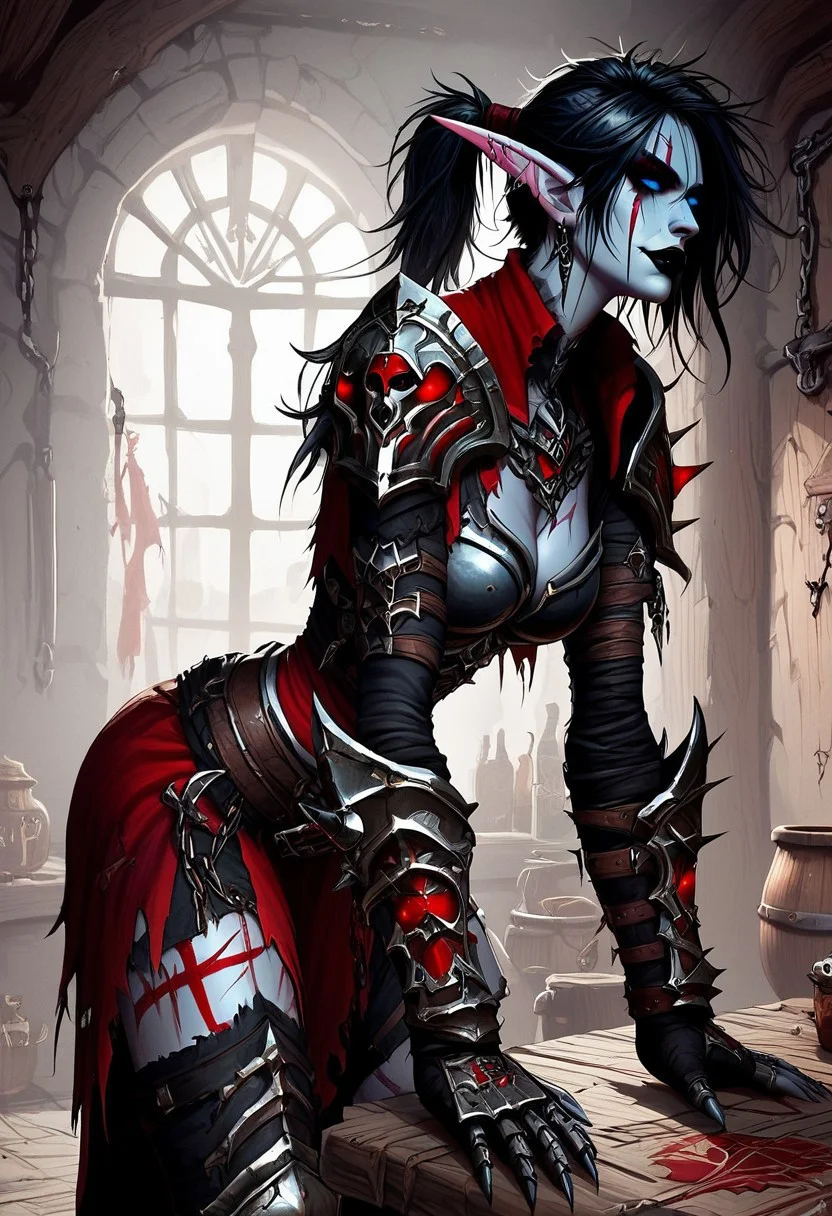score_9, score_8_up, score_7_up, score_6_up, source_anime, Expressiveh, undead, deathknight, masterpiece, best quality, highly detailed, mxstnrv3, 1girl, night elf, goth, tall girl, athletic, (pale grey skin, red warpaint, red bodytattoo, red facetattoo), pointy ears, long ears, (blue eyes, glowing eyes, blue sclera), (black hair, messy hair, short ponytail, bangs), scars, black lipstick, NM_Cauldron_Champion, full armor, armor, shoulder armor, gauntlets, pauldrons, skull, breastplate, greaves, cape, torn cape, torn clothes, chain, indoors, sexy, dynamic angle, seductive smile, solo, bent over, arched back,