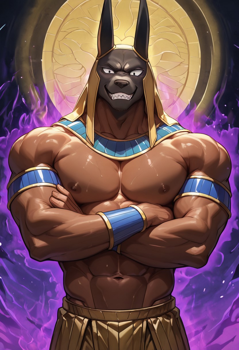 masterpiece, best quality, amazing quality, very aesthetic, absurdres, newest,  high quality, detailed, male, solo male, AnubisJJBA, 1boy, anthro, jackal, mature male, athletic build, black eyes, dark skin, black head tan body, animal ears, broad shoulders, yellow headdress, egyptian clothing, bara, arms crossed in front of chest, grinning, looking at viewer, purple aura, volumetric lighting, outdoors, pecs, abs, nipples