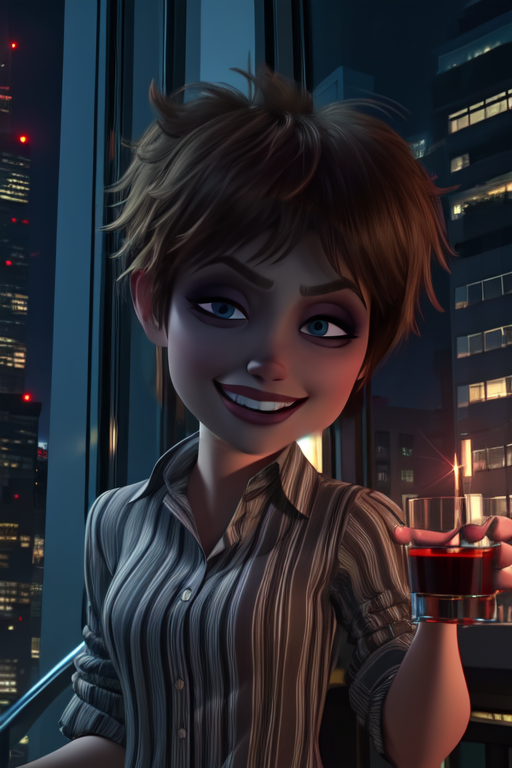 Evelyn,short brown hair, makeup, eyes half open, upper body, looking at viewer,  vertical-striped shirt and pants, grin, 
holding cup,  tipsy, 
 in tall building, skyscraper, window, stars, nighttime,
 (insanely detailed, beautiful detailed face, masterpiece, best quality) cinematic lighting, 
 <lora:Evelyn-10v4:0.8>