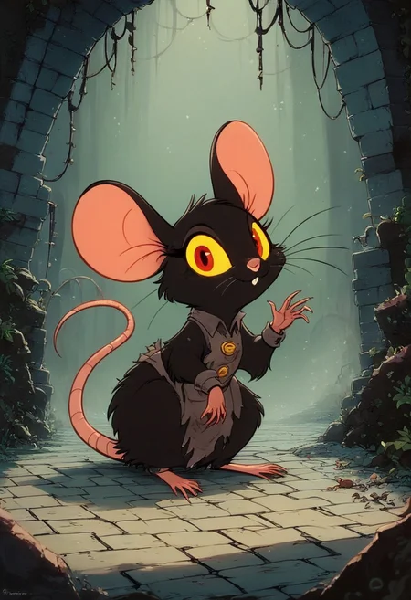 score_9, score_8_up, score_8, solo, (fluffy:0.8), (feral), furry, (((mouse))), female, (fluffy cheeks:0.7), (ragged clothes, unkempt, messy fur), noir, (solo:2), black fur, red eyes, yellow sclera, fungal dungeon, rotten brick path, has a mysterious redacted tone, glares at viewer seriously, (smile:0.5), standing, j_cartoon, in the style of beatrix potter,