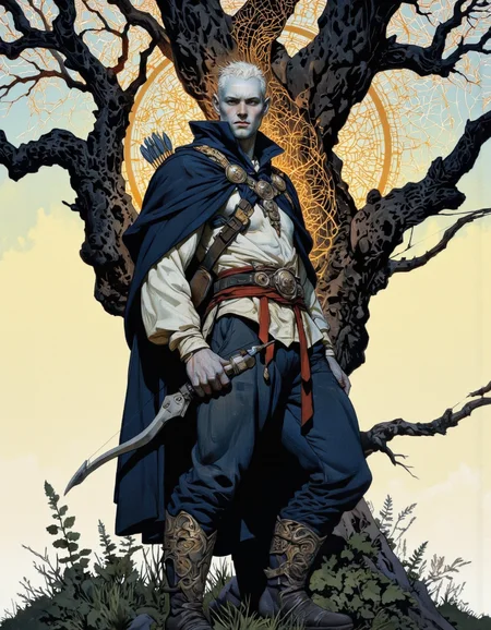 By Phandigrams. This image is a digital illustration in a fantasy art style. It depicts a tall, muscular elven archer standing confidently in a forest. The archer has pale, almost white skin and short, spiky white hair. They wear a dark blue cloak with intricate, golden designs on the shoulders and a red, ornate belt around their waist. The belt is adorned with a large, circular medallion. Their attire includes dark blue pants and boots, and they have a bow and quiver of arrows strapped to their back.
The background is dominated by a large, gnarled tree with intricate, web-like patterns of branches that create a sense of depth and complexity. The tree's bark is dark and textured, contrasting sharply with the lighter, almost ethereal background. The sky is a gradient of soft pastel colors, transitioning from pale yellow at the bottom to a light blue at the top, creating a serene and mystical atmosphere. The overall color palette is dominated by dark blues, blacks, and golden accents, with the soft pastel hues of the sky adding a dreamlike quality to the scene. The image is rich in detail and texture, with a focus on the archer's powerful stance and the intricate, otherworldly elements of the environment. <lora:Phandigrams:0.85>