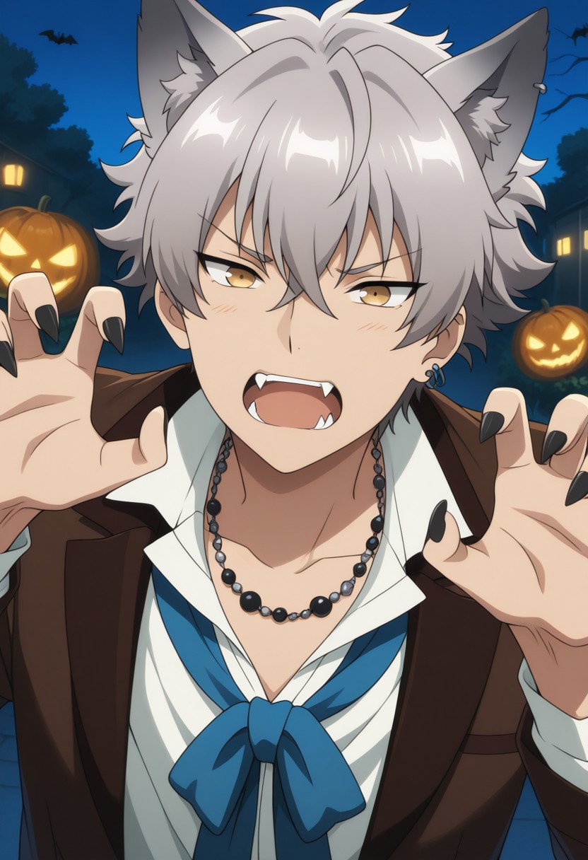 masterpiece,best quality,amazing quality, source_anime, 
kogaoogami, 1boy, male focus, solo, yellow eyes, grey hair, wolf boy, jewelry, earrings, animal ears, wolf ears, collarbone, jewelry, necklace, shirt, white shirt, jacket, brown jacket, bow, blue bow, black nails, fangs, claw pose,
outdoor, halloween,