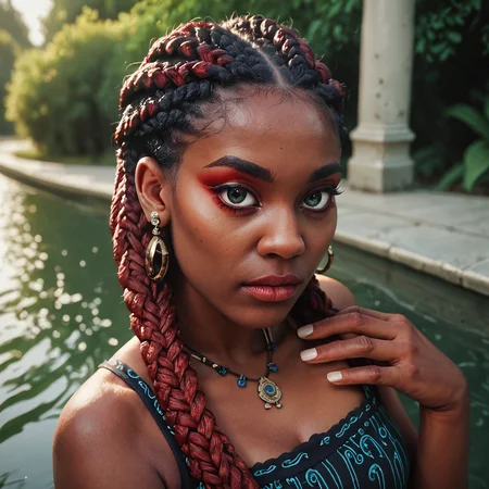 score_9, score_8_up, score_7_up, score_6_up, score_5_up, score_4_up, a highly detailed painting, 1 woman, black woman, dark skin, (multicolor box braids, dark red box braids, thick box braids), makeup, fingernails, earrings, jewelry, high angle, beautiful embroidered dress, sunny day at the park, bridge over a pond<lora:Pony_XL_Colorful_Box_Braids> <lora:Black_Woman_v3-000006> <lora:detailed_notrigger>