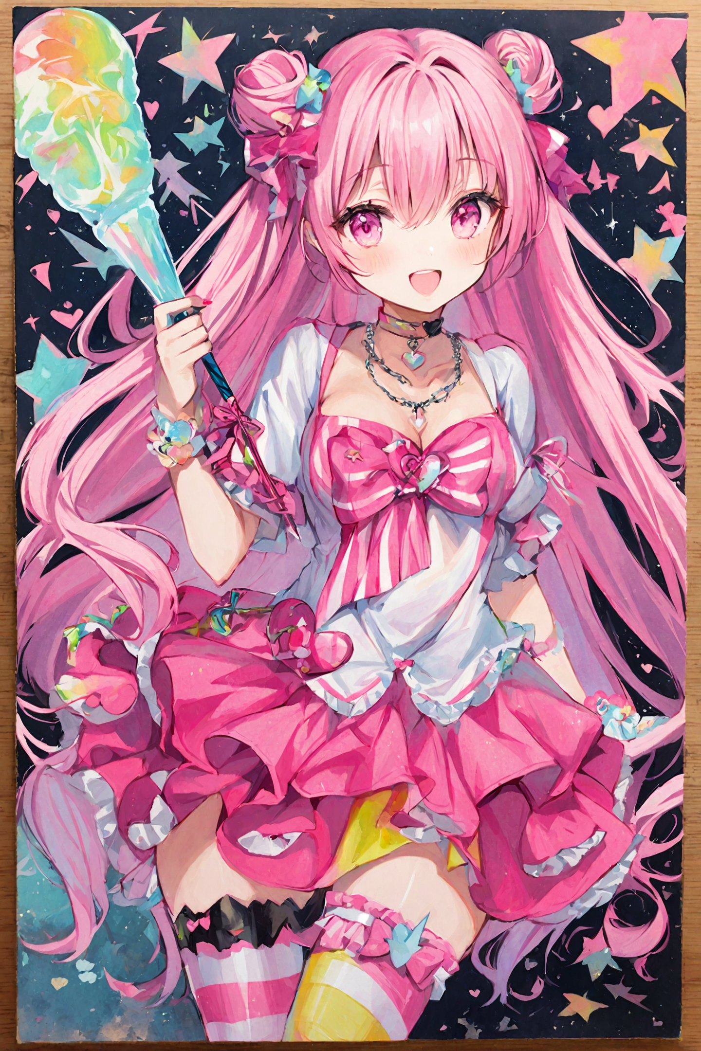 1girl, bow, thighhighs, striped, pink hair, long hair, pink eyes, heart, hair bow, skirt, solo, striped thighhighs, jewelry, very long hair, candy, pink skirt, hair bun, smile, multicolored legwear, necklace, nail polish, double bun, open mouth, pink bow, multicolored clothes, looking at viewer, holding,traditional media, <lora:Hyatsu_XL:0.9>,