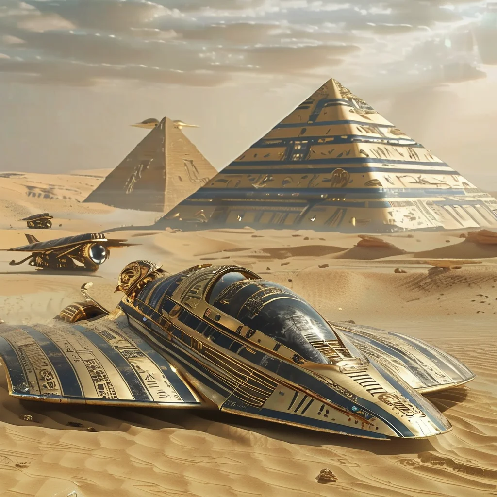 pharaotech construction machines in the desert, ufo aircraft and huge pyramids in the background<lora:pharaotech:1>