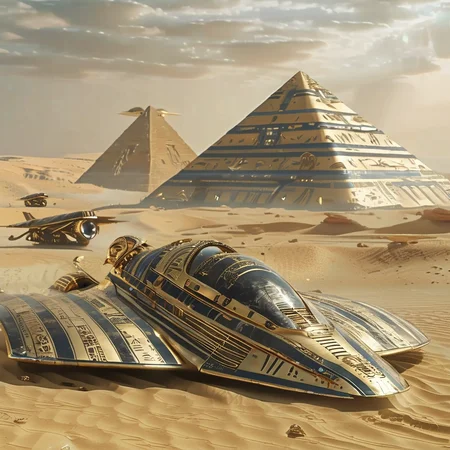 pharaotech construction machines in the desert, ufo aircraft and huge pyramids in the background<lora:pharaotech:1>