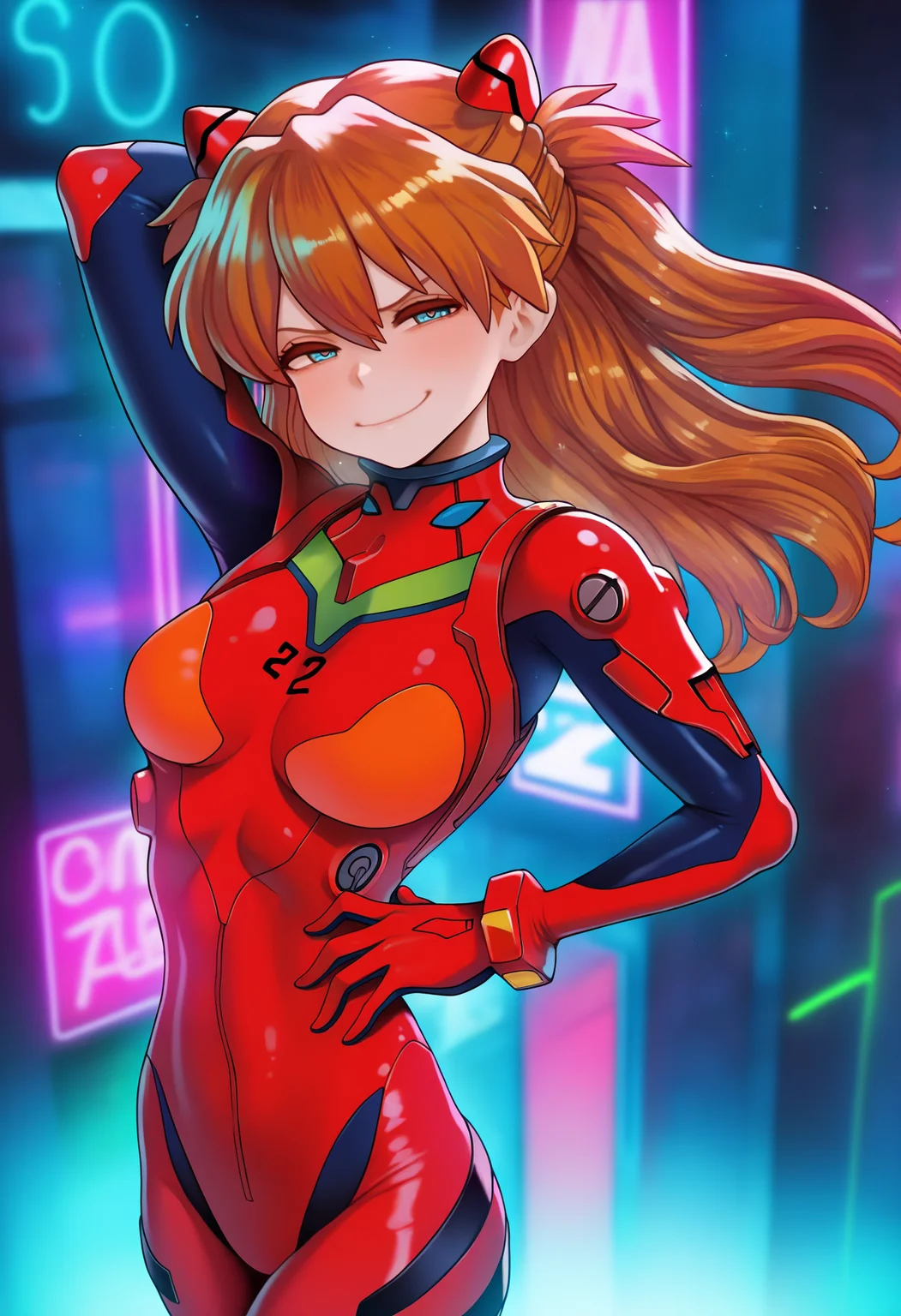best quality, amazing quality, very aesthetic, absurdres,
1girl, asuka langley, red plugsuit, standing, smug, looking at viewer, futuristic background, neon light , buildings, night <lora:Magion02NoobLocon_byKonan:1>