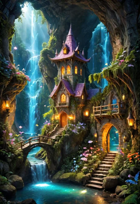 a hidden fantasy world with magical creatures,majestic landscapes,enchanted forests,sprawling mountains,mystical rivers,mythical creatures,elaborate castles,glistening waterfalls,breathtaking sunsets,ethereal lighting,dreamlike colors,pixie dust,whimsical atmosphere,vibrant flora and fauna,ancient ruins,secret pathways,timeless beauty,ethereal mist,spellbinding charm,enchanted waterfalls,serene lakes,celestial moonlight,enchanted flowers,luminous fireflies,dancing fairies,majestic unicorns,soaring dragons,mysterious caves,magical portals,enchanted whispers,ancient prophecies,whispering trees,glowing crystals,endless adventures,infinite possibilities, vivid colors, OverallDetailXL, *Channel_42*