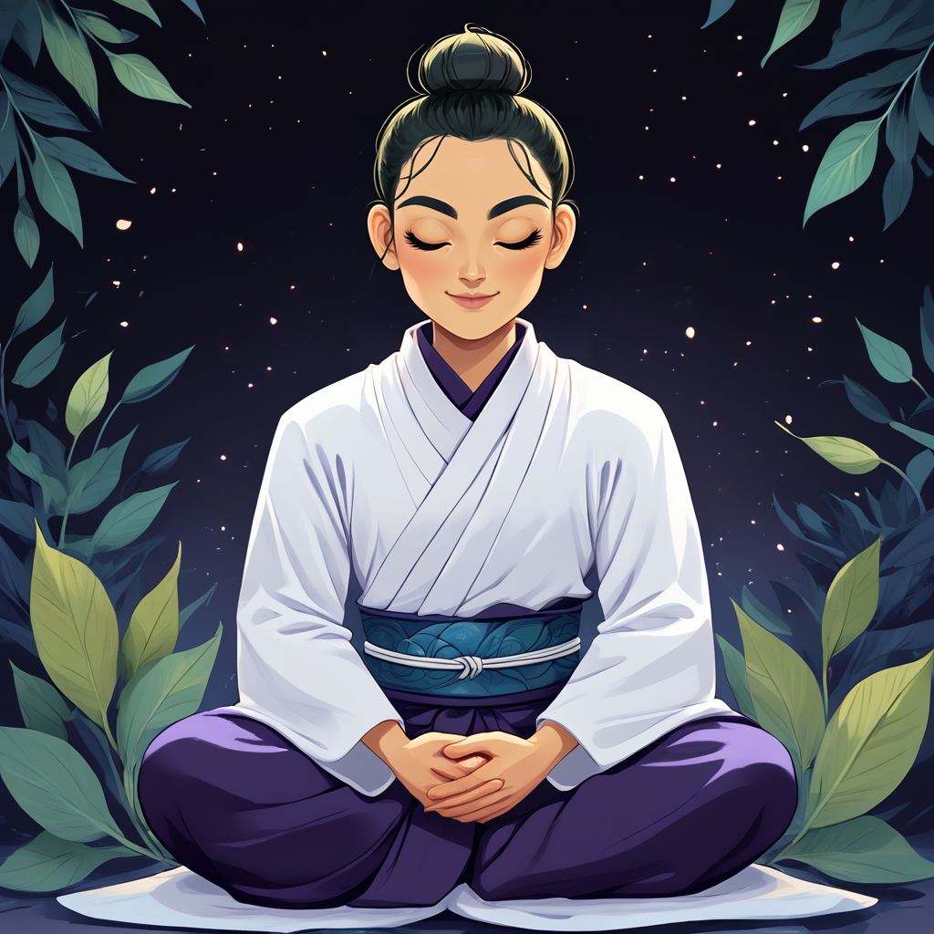 Score_9, score_8_up, score_7_up, score_6_up, BREAK  <lora:Flat_Cartoon_IllustrationPony:1> ArsMJStyle, Flat Cartoon Illustration, The image shows a cartoon of a Buddhist monk meditating in the lotus position surrounded by leaves and stars in a dark background., solo, closed eyes, 1girl, single hair bun, hair bun, leaf, nipples, plant, sitting, smile