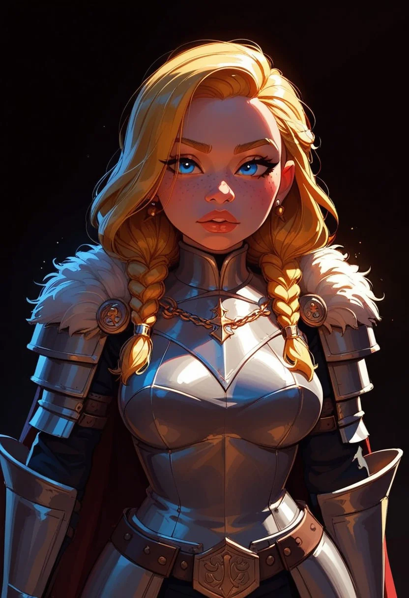 expressiveh, g0thic, (score_9, score_8_up, score_7_up, score_6_up), BREAK, concept art style, sketch art style, dark theme, dark background, BREAK, 1girl, dwarf, freckles, big lips, big braids, muscles, medium breasts, shortstack, light blonde hair, blue eyes, knight armor, mantel, cape, shoulder cape, ornate filigree, art deco chapel