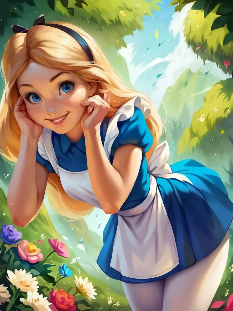 core_9, score_8_up, score_7_up, score_6_up, AliceWaifu walking in a forest around multiple flowers, magic particles, leaning forward, cute pose, medium breasts, narrow waist, wide hips, thick thighs, cinematic, naughty face, smile,  blue eyes, blue dress, white pantyhose, apron, black hairband, blonde, disney style, looking at viewer, realistic, cute,
detailed landscape, cowboy shot,
 <lora:AliceInWonderlandXLPony_character-10V2:0.8>