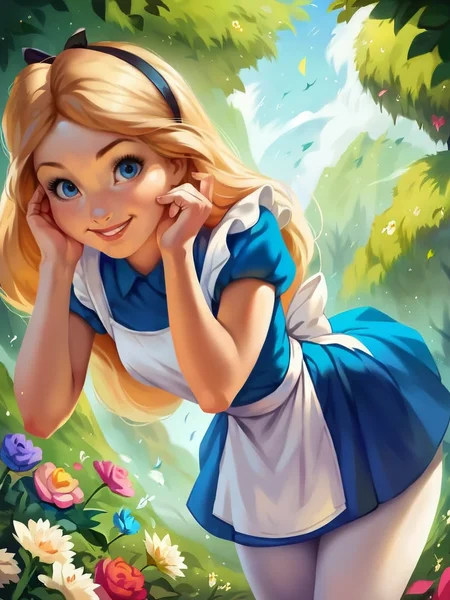 core_9, score_8_up, score_7_up, score_6_up, AliceWaifu walking in a forest around multiple flowers, magic particles, leaning forward, cute pose, medium breasts, narrow waist, wide hips, thick thighs, cinematic, naughty face, smile, blue eyes, blue dress, white pantyhose, apron, black hairband, blonde, disney style, looking at viewer, realistic, cute,
detailed landscape, cowboy shot,
<lora:AliceInWonderlandXLPony_character-10V2:0.8>