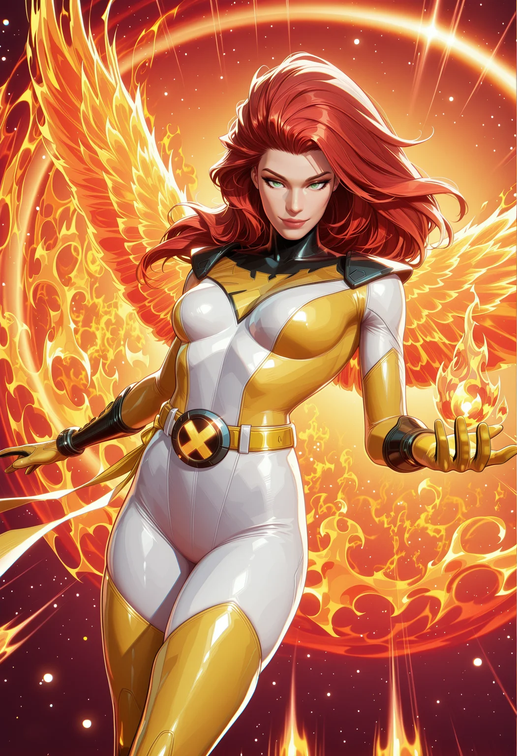 (EyesHD:1.2), masterpiece, best quality, amazing quality, highres, absurdres, very aesthetic, very awa, western, MarvelRivals, semi realistic, cartoon, shiny skin, skindentation,, 1girl, solo, end_jngr3y, green eyes, long hair, red hair, gradient hair, floating hair, small breasts,
BREAK,
bodysuit, thigh boots, boots, white bodysuit, multicolored bodysuit, yellow gloves, yellow thighhighs, yellow bodysuit, yellow belt, yellow waist ribbon, yellow sash, phoenix symbol, phoenix flames,, looking at viewer, seductive smile, dynamic pose, flying, floating,
BREAK,
cowboy shot, dutch angle, multicolored background,, raytracing, hyper detailed, volumetric lighting, lazypos, intricate details, (depth of field:1.05), (dark shadows:0.9), (high contrast:0.9), <lora:Jean_Grey_X-men_Character_LoRA_Illustrious:0.8000000000000002> <lora:AMarvelRivals_style-06:0.7000000000000002> <lora:Eyes_High_Definition-000007:1.0000000000000002> <lora:spo_sdxl_10ep_4k-data_lora_webui:0.30000000000000004>