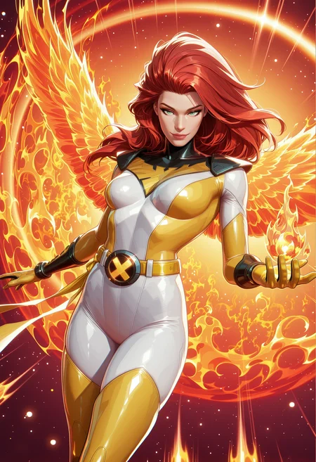(EyesHD:1.2), masterpiece, best quality, amazing quality, highres, absurdres, very aesthetic, very awa, western, MarvelRivals, semi realistic, cartoon, shiny skin, skindentation,, 1girl, solo, end_jngr3y, green eyes, long hair, red hair, gradient hair, floating hair, small breasts,
BREAK,
bodysuit, thigh boots, boots, white bodysuit, multicolored bodysuit, yellow gloves, yellow thighhighs, yellow bodysuit, yellow belt, yellow waist ribbon, yellow sash, phoenix symbol, phoenix flames,, looking at viewer, seductive smile, dynamic pose, flying, floating, 
BREAK,
cowboy shot, dutch angle, multicolored background,, raytracing, hyper detailed, volumetric lighting, lazypos, intricate details, (depth of field:1.05), (dark shadows:0.9), (high contrast:0.9), <lora:Jean_Grey_X-men_Character_LoRA_Illustrious:0.8000000000000002> <lora:AMarvelRivals_style-06:0.7000000000000002> <lora:Eyes_High_Definition-000007:1.0000000000000002> <lora:spo_sdxl_10ep_4k-data_lora_webui:0.30000000000000004>