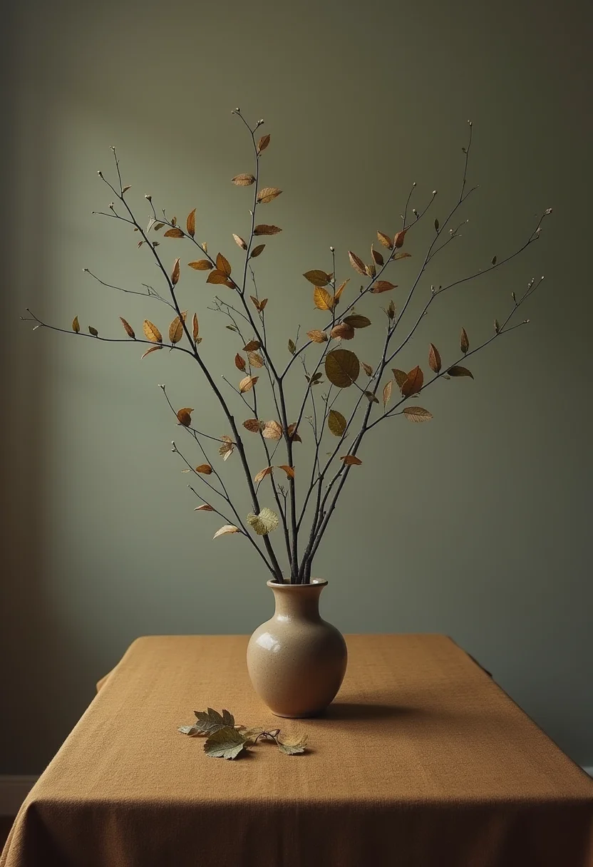 The image depicts a table set against a vast, shadowy landscape, its Earth-toned surface contrasting with the soft, ethereal lighting. In the center, a curious arrangement of wind-blown leaves and twigs forms an abstract composition that seems to defy gravity. The playful, funny nature of the scene is enhanced by the artful arrangement, as if the objects are posing for a still life by Paul Cézanne. The soft focus and abstract photography techniques further blur the lines between reality and fantasy, creating a dreamlike atmosphere.