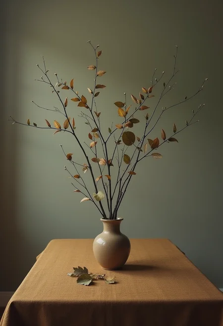 The image depicts a table set against a vast, shadowy landscape, its Earth-toned surface contrasting with the soft, ethereal lighting. In the center, a curious arrangement of wind-blown leaves and twigs forms an abstract composition that seems to defy gravity. The playful, funny nature of the scene is enhanced by the artful arrangement, as if the objects are posing for a still life by Paul Cézanne. The soft focus and abstract photography techniques further blur the lines between reality and fantasy, creating a dreamlike atmosphere.