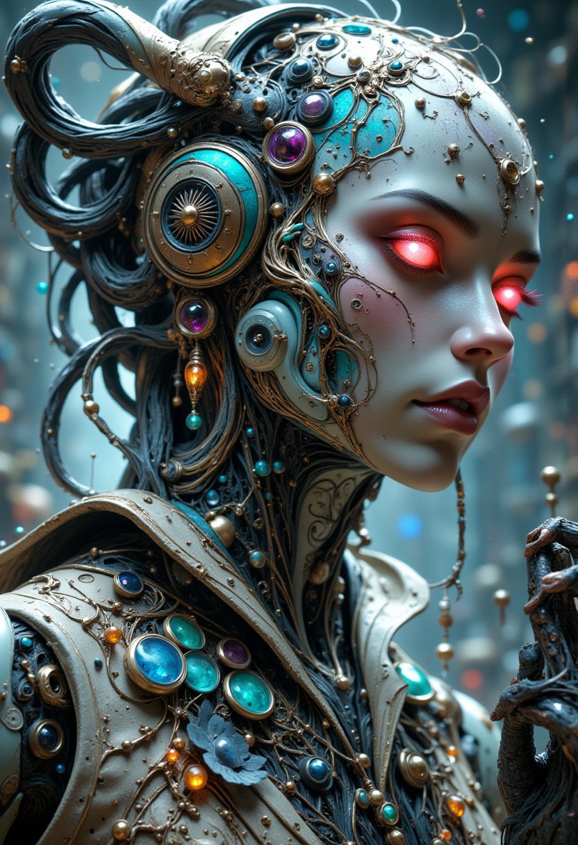 fantasy dreamlike baroque style. elle is a cyberpunk female android, hair from wires, white porcelain face, sci-fi, elegant, dreamy atmosphere, intricate, ornate, decorative, pastel colors, whimsical, embellished, dynamic twisted pose, elaborately decorated, dynamic cold lighting, dynamic angle