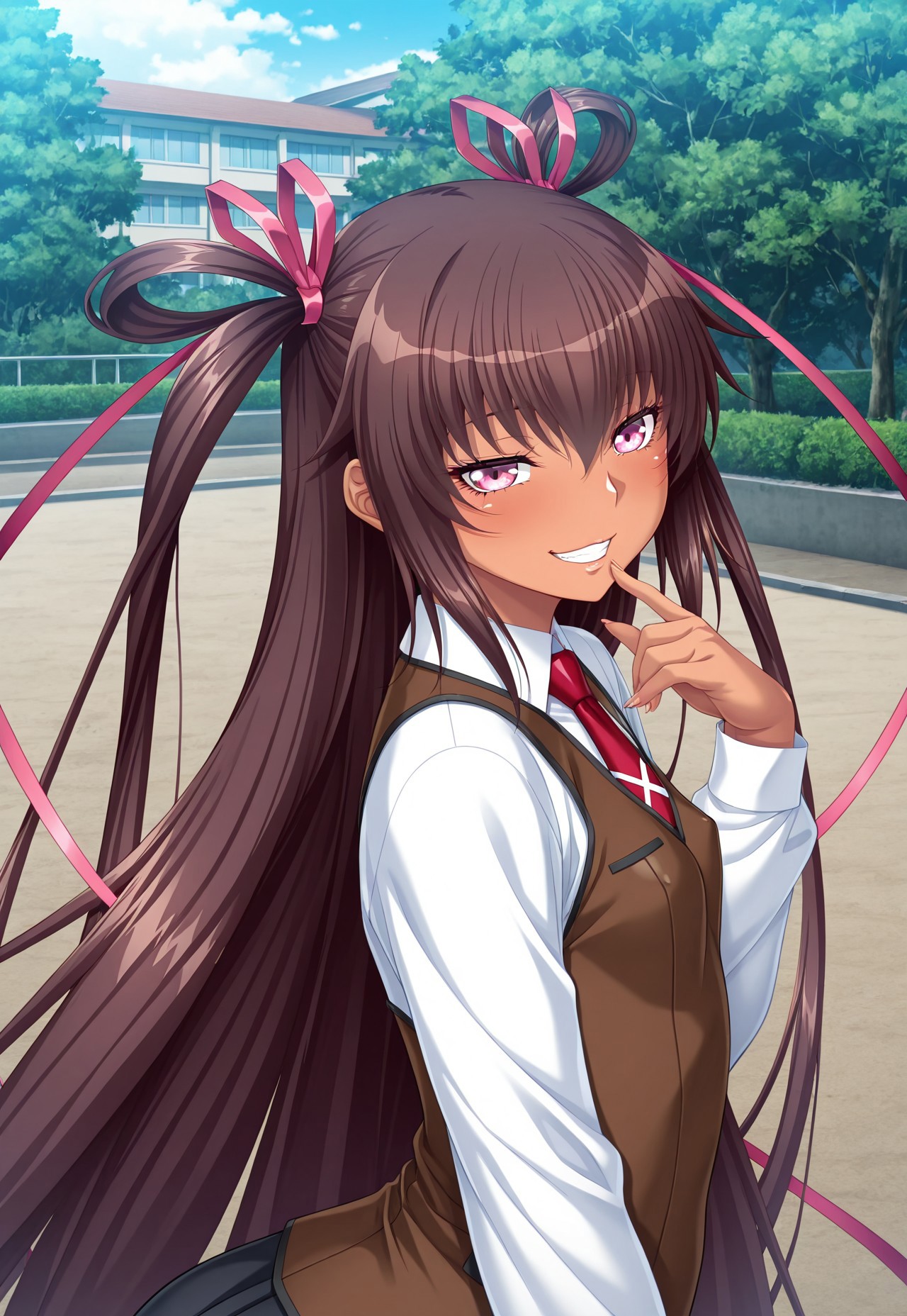 source_anime, taimanin \(series\), taimanin yukikaze 2, aoi nagisa \(metalder\), (masterpiece:1.3), best quality, ultra-detailed, official art, (visual novel style:1.4), anime cg, vibrant colors, soft shading, delicate linework, expressive eyes, detailed hair flow, dynamic lighting, intricate clothing folds, character accurate, game screenshot aesthetic, high contrast, slight rim light, upper body, from side,
break,
solo, alone, sexy, looking at viewer, standing, hand near own lips, grin, half-closed eyes, smile, teasing, light blush, mischievous, outdoors, day, light theme, school, school building, school yard, highly detailed background, 
break,
[1girl, curvy, shiny skin, shiny clothes, dark skin, dark-skinned female, tan, tanline, mizuki yukikaze, pink eyes, slightly glossy lips, small breasts, huge ass, wide hips, absurdly long hair, brown hair, two side up, twintails, hair ribbon, one-piece tan, seishu school uniform, school uniform, white collared shirt, red necktie, long sleeves, brown vest],