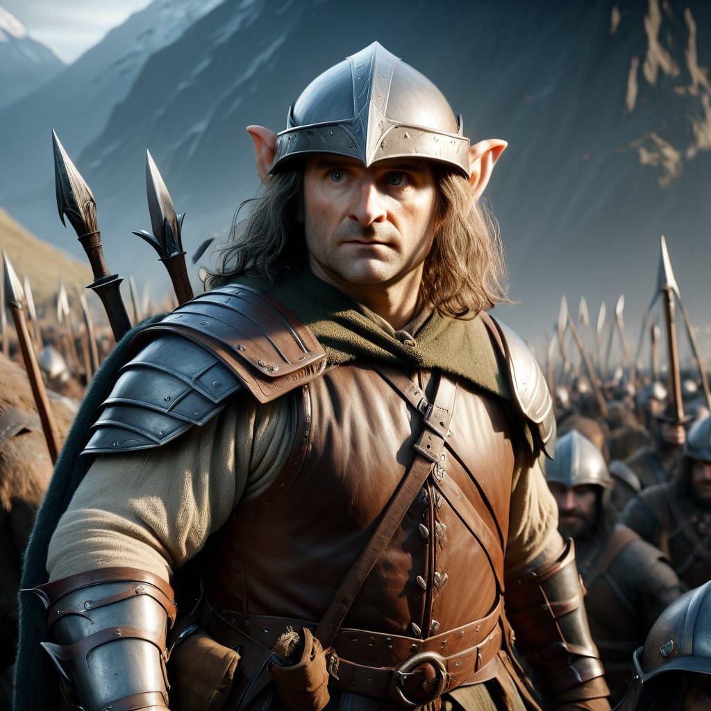 cinematic, shadowofwarstyle, cinematic angle, portrait of a hobbit, wearing a helmet and armor, preparing to go to war, high quality, 4k,