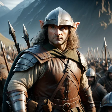 cinematic, shadowofwarstyle, cinematic angle, portrait of a hobbit, wearing a helmet and armor, preparing to go to war, high quality, 4k,