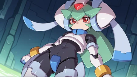 solo, dynamic camera,, masterpiece, best quality, amazing quality, very aesthetic, absurdres, newest, anime screencap, <lora:pandoraILM:1.4>, pandora (mega man), yabe makoto, mega man zx, model w (mega man), android, bangs, red eyes, long hair, very long hair, green hair, white helmet, headwear, forehead jewel, white armor, robot ears, small breasts, joints, bracelet, white gloves, bodysuit, crop top, covered navel, armor, power armor, crotch plate,