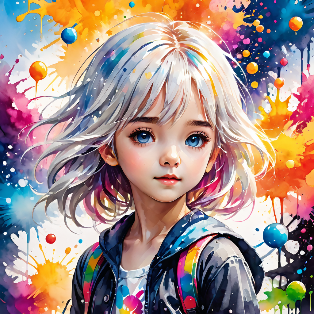 ink splashing,semi realistic, 2d game scene,oil and watercolor painting,
 <lora:fantasy_world:1>ï¼
(((masterpiece))),(((best quality))),((ultra-detailed)),(illustration),(dynamic angle),
((floating)),(paint),((disheveled hair)),
(solo),(1girl), little girl, ((small_breasts)), (((detailed anima face))),((beautiful detailed face)),collar,bare shoulders,
white hair, ((colorful hair)),((streaked hair)),
beautiful detailed eyes,(Gradient color eyes),(((colorful eyes))),
(((colorful background))),(((high saturation))),(((surrounded by colorful splashes))),(((surrounded by colorful dot))),colorful bubble,((shining)) ,child,
((young,little girl,cute,little girl face))