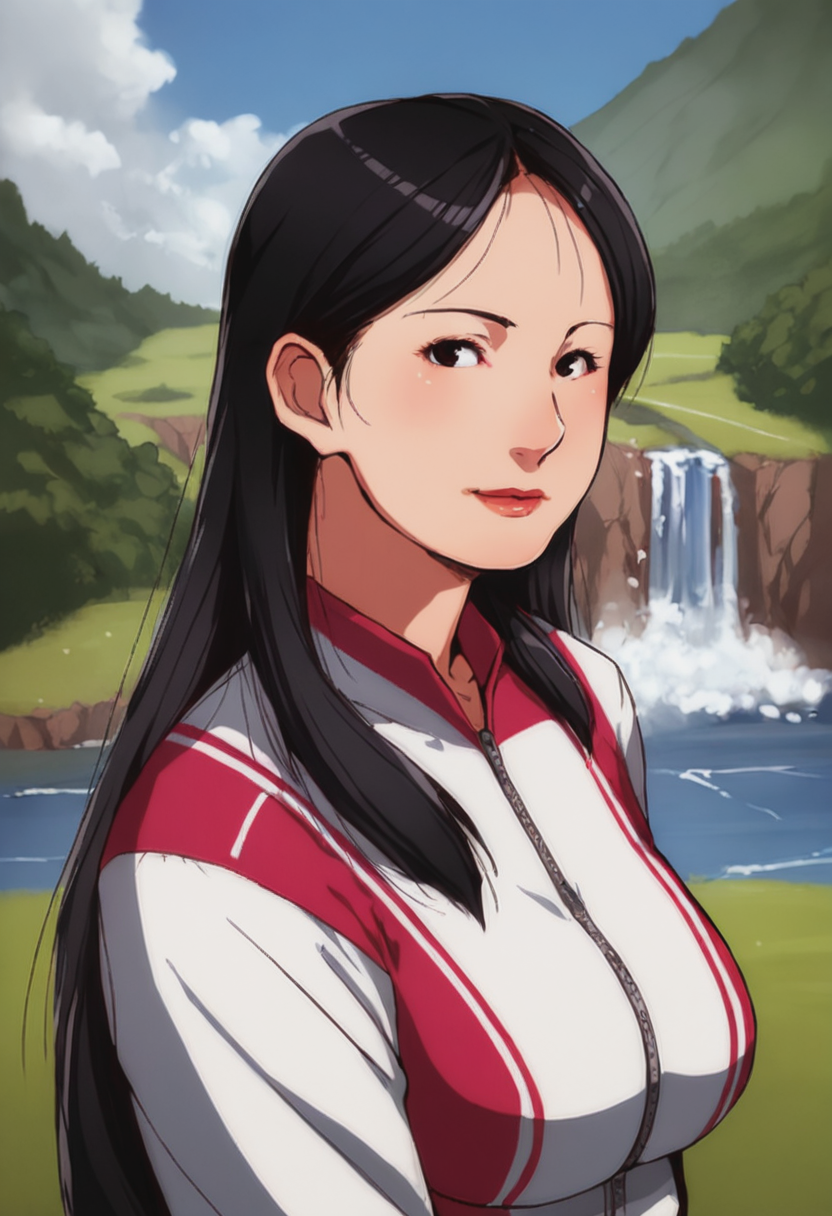 score_9, score_8_up, score_7_up, 1girl, large_breasts, mature_female, portrait, solo, looking_at_viewer, open_eyes, Pretending to be in a fencing pose, vanishing_point, (Bronze Tracksuit), absurdly long hair, bouffant, Black hair, glacier, cropped_arms, rating_safe, <lora:pony\artist_styles\ganto_pony:1.0>