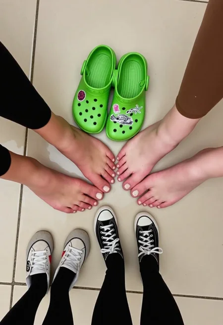 four pairs of bare feet held up, different skin tones, relaxed poses, green Crocs on floor with playful stickers, multiple sneakers below including Nike and Converse, brown and black leggings visible, indoor tiled environment, soft overhead lighting, casual setting, slight shadowing, overhead angle view, soft focus background, even lighting conditions, 