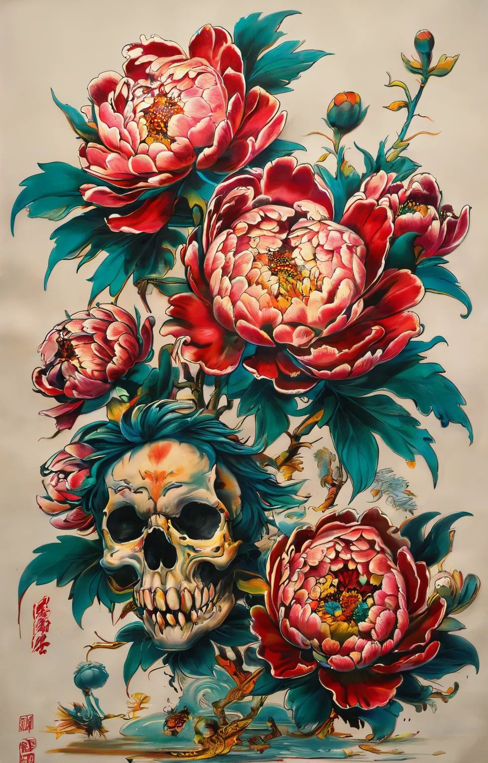 masterpiece,best quality,<lora:tbh271-sdxl:0.9>,illustration,style of Ed Hardy decaying peonies