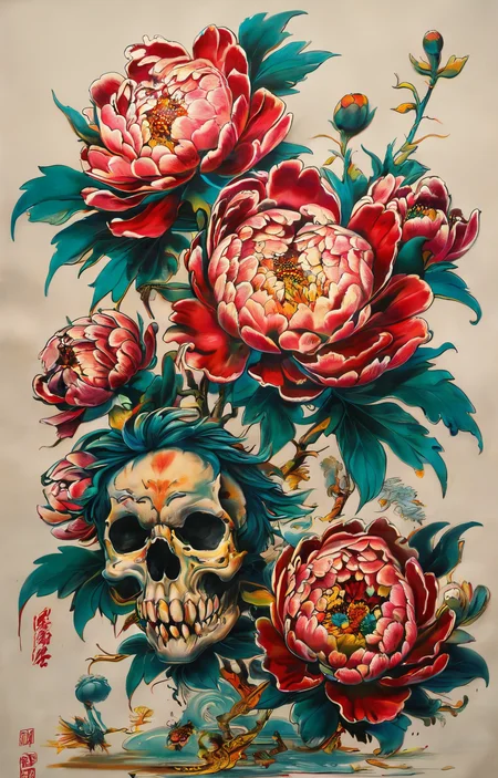 masterpiece,best quality,<lora:tbh271-sdxl:0.9>,illustration,style of Ed Hardy decaying peonies