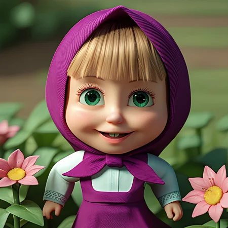 score_9, score_8_up, score_7_up BREAK midjourneylora MashaB, 1girl, short blonde hair, blunt bangs, green eyes, buckteeth, purple headdress, sleeveless purple dress, long-sleeved white shirt, source_3d, 3d, photorealistic, face closeup, face view, solo, solo focus, alone, happy at viewer, flower garden background, flower garden outdoors, chibi,
