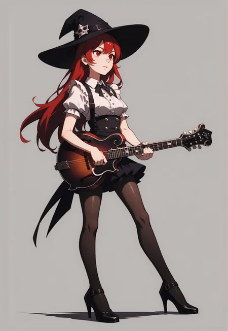 safe_pos, 1girl, red hair, long hair, red eyes, black witch hat, black short sleeve blouse, black short frill skirt, black pantyhose, high heels,
full body, stand, simple background, medium breasts,
score_9, score_8_up, score_7_up,
playing electric guitar, f-hole electric guitar, <lora:mandolin-pony-000005:0.85>