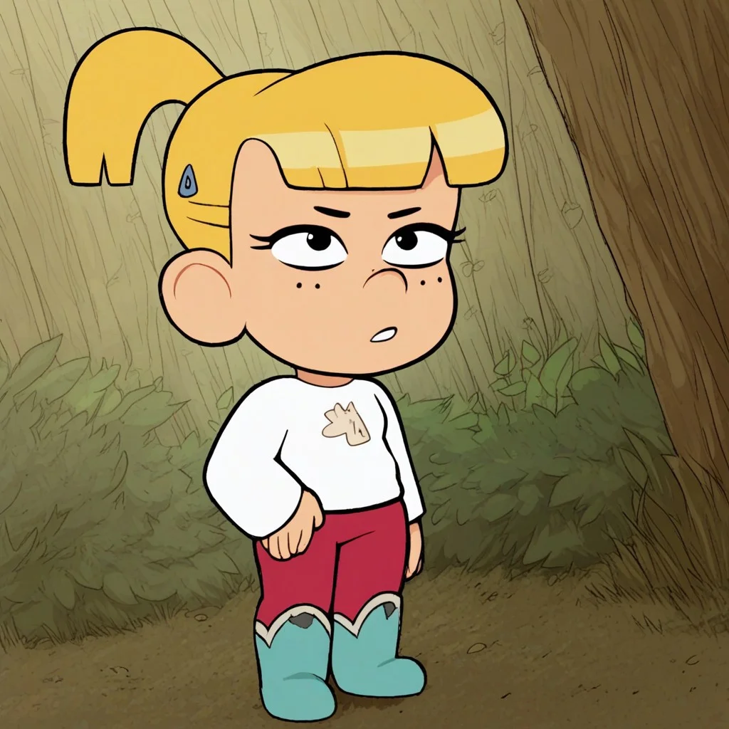 score_9, solo, Mackenzie_cotc, blonde hair, freckles, ponytail, shirt, forest, short stack, very small breasts, flat chest, Mackenzie turning into a horse