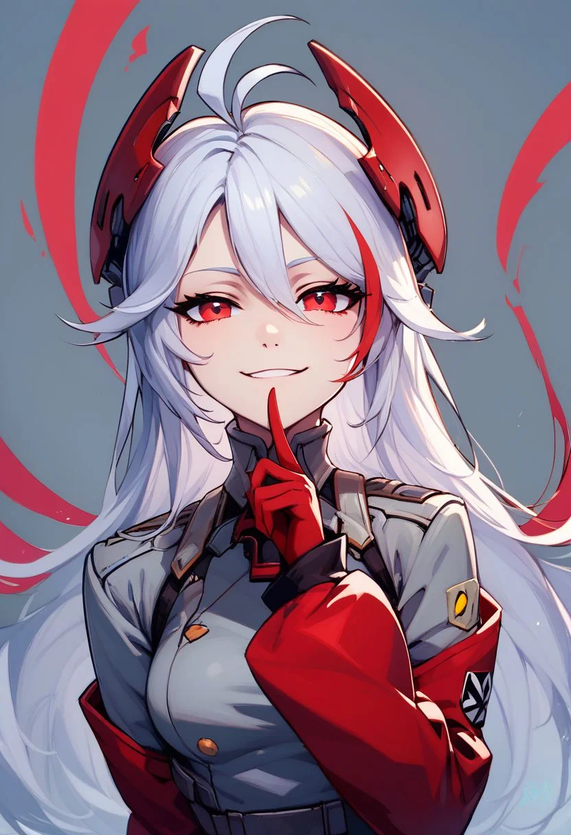 score_9, score_8_up, score_8, medium breasts, (curvy), cute, eyelashes,
rating safe,
BREAK,
zzPrinz, 1girl, solo, silver hair, long hair, red eyes, headgear, antenna hair, grey uniform, red sleeves, finger to mouth, head tilt, slight smile, smug,
BREAK, eye contact, looking at viewer,
BREAK,
smile, looking at viewer,
abstract red industrial background,
zPDXL,