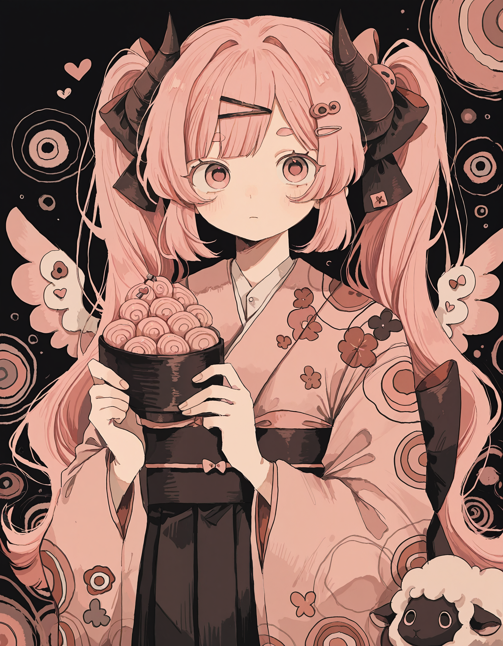 masterpiece,  best quality, newest, highres, absurdres, <lora:wasabi_natsume_style_r1:1>,wasabi_natsume_illu,abstract,surreal,1girl, twintails, pink hair, horns, solo, sheep, food, kimono, holding, bow, hair ornament, long hair, heart, hair bow, japanese clothes, bangs, hairclip, looking at viewer, pink eyes, wings