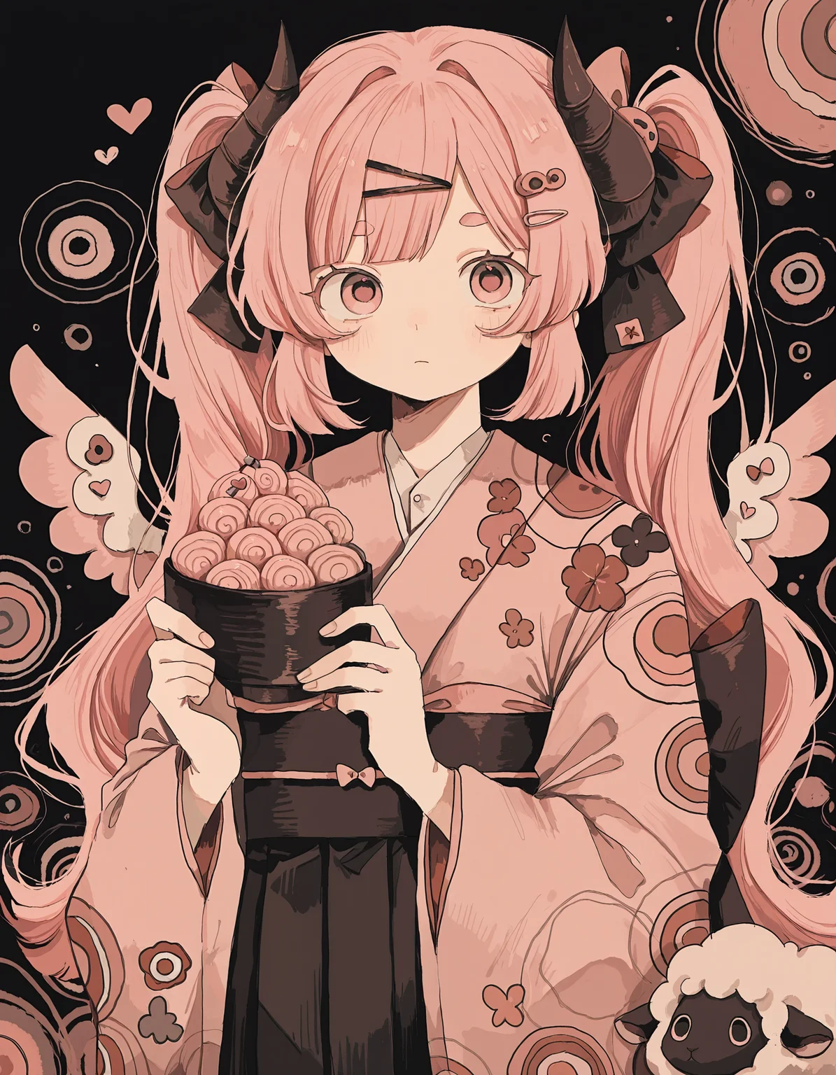 masterpiece, best quality, newest, highres, absurdres, <lora:wasabi_natsume_style_r1:1>,wasabi_natsume_illu,abstract,surreal,1girl, twintails, pink hair, horns, solo, sheep, food, kimono, holding, bow, hair ornament, long hair, heart, hair bow, japanese clothes, bangs, hairclip, looking at viewer, pink eyes, wings