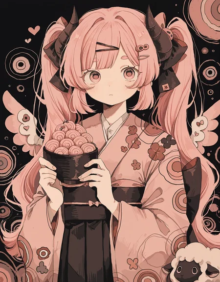 masterpiece, best quality, newest, highres, absurdres, <lora:wasabi_natsume_style_r1:1>,wasabi_natsume_illu,abstract,surreal,1girl, twintails, pink hair, horns, solo, sheep, food, kimono, holding, bow, hair ornament, long hair, heart, hair bow, japanese clothes, bangs, hairclip, looking at viewer, pink eyes, wings