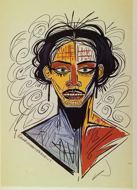 <lora:jean-michel-basquiat_pony_v1:1> ' beauty ' by basquiat jean-michel in 1982,figurative \(genre\), neo-expressionism,street art \(style\),   portrait of a beautiful woman, score_9, score_6_up, score_7_up