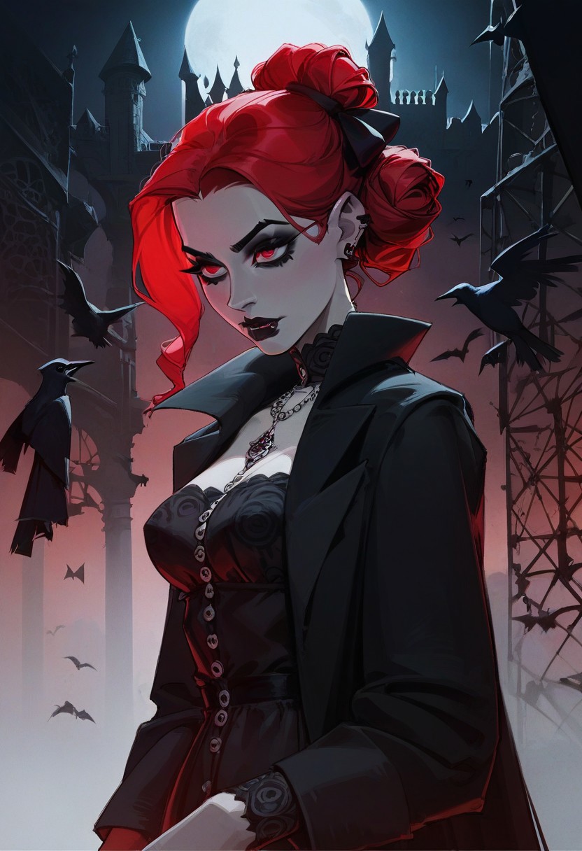 score_9, score_8_up,  score_8_up,  sexy woman,   vampires, intricate outfit, bobcat hairstyle,  black coat,   gothic atmosphere, crows, dark castle, outdoors,  black colors, red colors, detailed background,  clean lines,