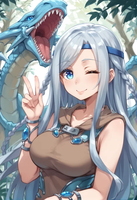 (score_9:0.9),score_8_up,score_7_up,rating_explicit,(zPDXL),(zPDXL3),
<lora:Maiden with Eyes of Blue PonyXL v1.2:0.71>,forest,maiden with eyes of blue,1girl,dragon,smile,looking at viewer,brown dress,solo,upper body,blue eyes white dragon,blue circlet,silver bracelet,v,one eye closed,