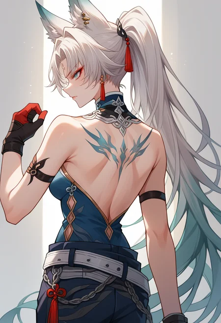 score_9, score_8_up, source_anime, 1girl, solo, FeiDefault, animal ears, long hair, ponytail, multicolored hair, white hair, red eyeliner, ringed eyes, forehead mark, ear piercing, tassel hair ornament, tassel earring, back tattoo, bare back, sleeveless shirt, blue shirt, chinese clothes, high collar, arm strap, bare arms, red gloves, fingerless gloves, white belt, waist cape, black shorts, from behind, looking back, <lora:ChamFeixiaoV2.3PonyXL:1>
