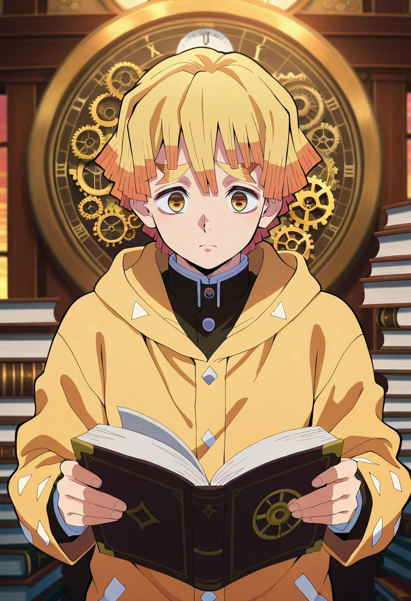 masterpiece, best quality, , anime screencap, , official style, , , 1boy, solo, male focus, <lora:zenitsu_agatsuma_ilxl:0.94>, zenitsu_agatsuma, blonde hair, yellow eyes, short hair, bangs, time library, floating books, clock gears, temporal mist, reading pose, studious expression, golden hour,