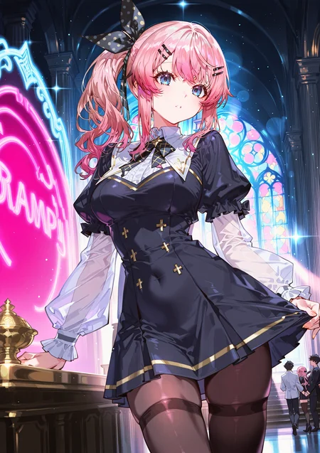zPDXL3 Real score_9, score_8_up, score_7_up, score_6_up source_anime, highly detailed, sharp, intricate details, rating_safe rating_sensitive, rating_explicit, masterpiece, best quality, good quality, bright eyes light particles lens flare amazing quality, very aesthetic, very awa, absurdres, newest,
<lora:yoneyamaiXLNBVP1lokrV6311PZ:0.5>, <lora:eboraCIVITAI:0.5>
<lora:nhl-001:0.4> nhl-001 film grain multicolored background <lora:ponyv4_noob1_2_adamW:0.4>
medium breasts, dynamic pose, dynamic angle,
optical illusion, ssambatea, quasarcake, Fishine, arutera, soresaki, reoen, sanbonzakura, askzy, negative space, see-through, made of, neon light, detailed background,
niji-meruto,large breasts,blue eyes,pink hair,gradient hair,side ponytail,single side ponytail,hairclip,hair ribbon,black ribbon,polka dots ribbon,
nun thighhighs indoors, indoors, palace, night, architecture, flag, arch, pillar, tights
<lora:niji-meruto:0.7>